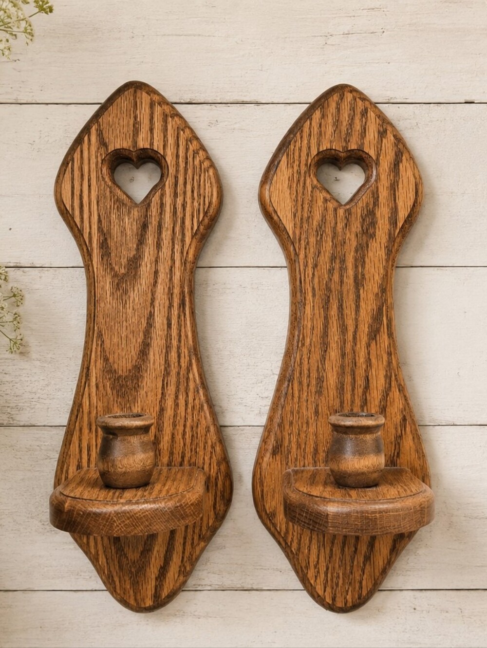 Vintage Cottagecore Solid Oak Heart Wall Candle Sconce Pair